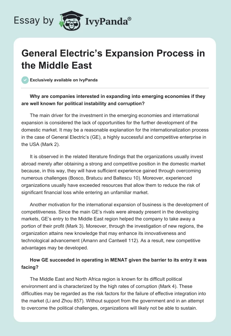 General Electric’s Expansion Process in the Middle East. Page 1