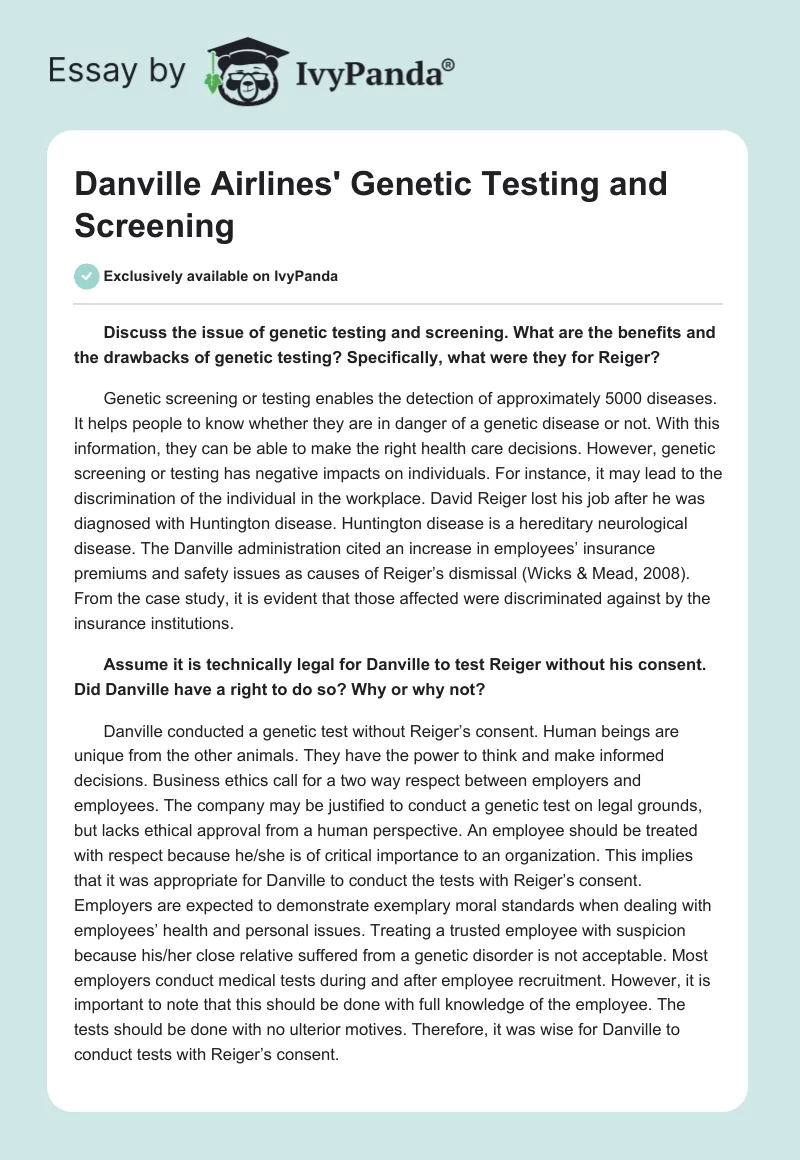 Danville Airlines' Genetic Testing and Screening. Page 1
