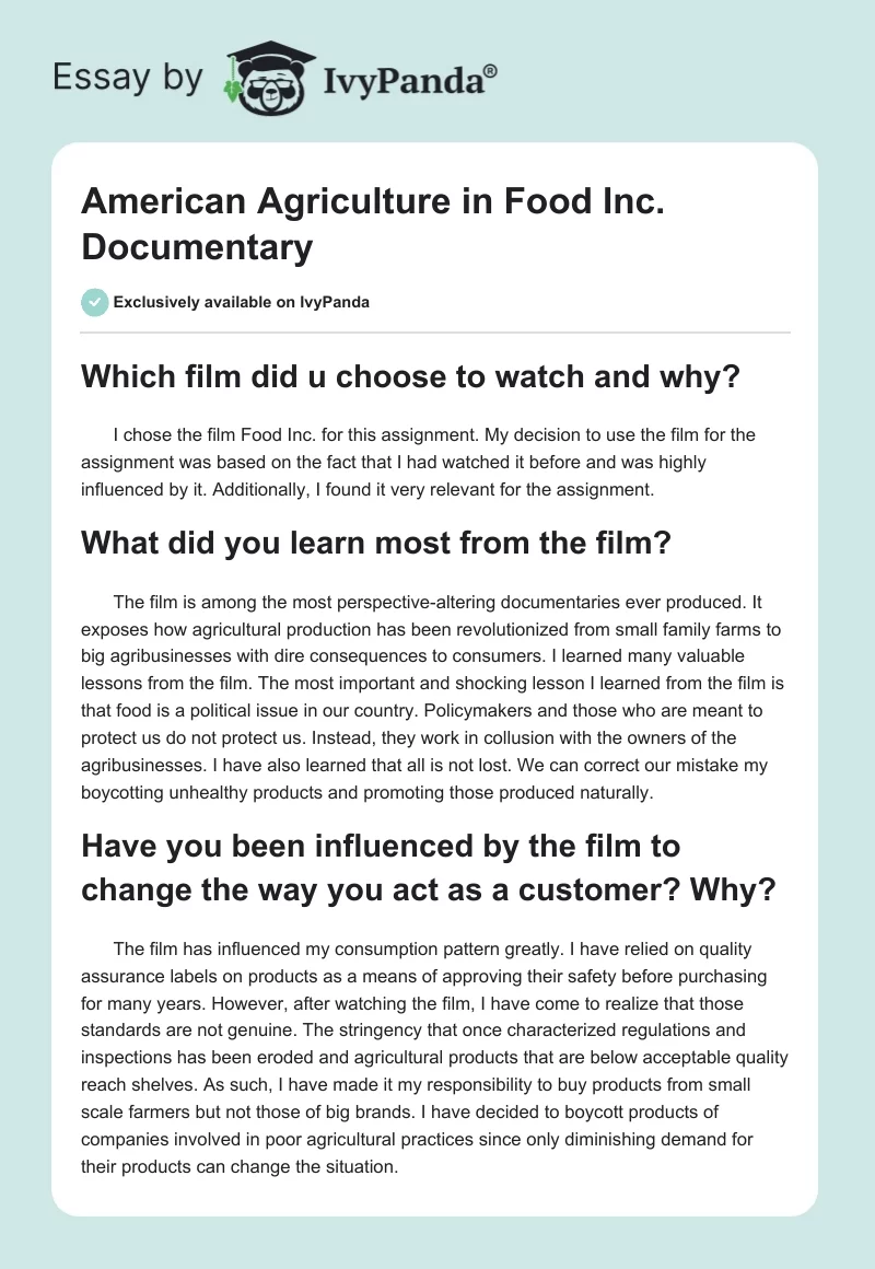 American Agriculture in "Food Inc." Documentary. Page 1