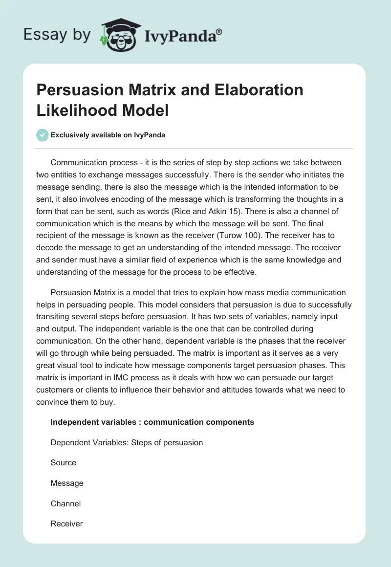 Persuasion Matrix and Elaboration Likelihood Model. Page 1