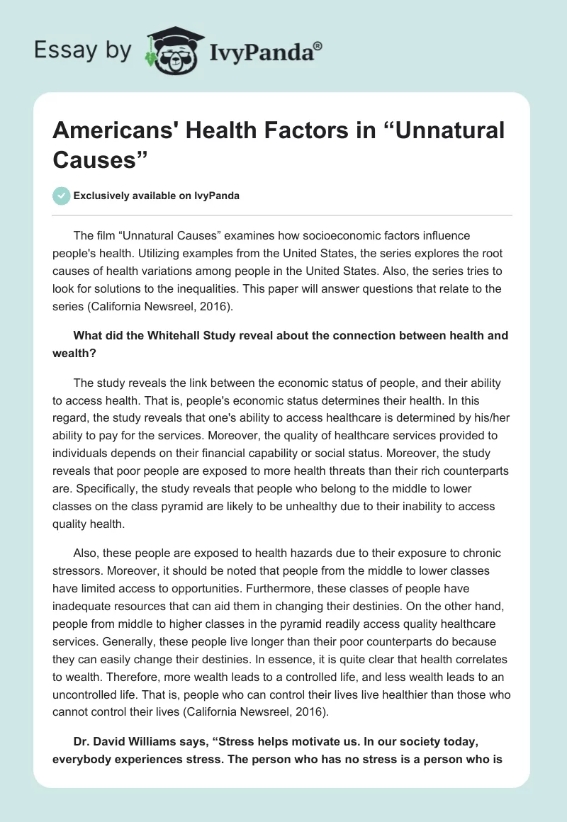 Americans' Health Factors in “Unnatural Causes”. Page 1