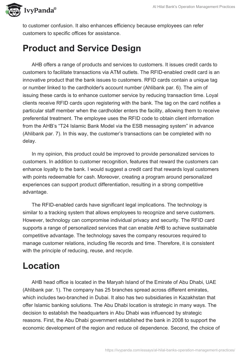 Al Hilal Bank's Operation Management Practices. Page 5