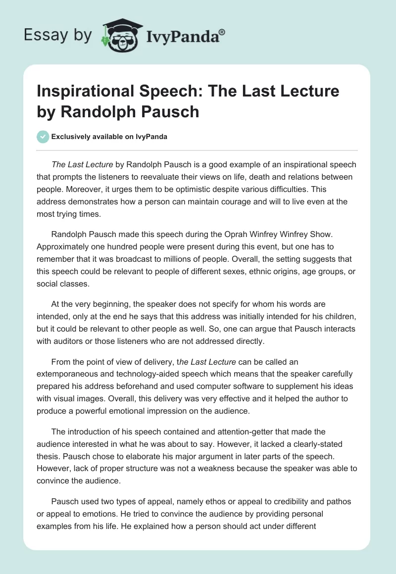 Inspirational Speech: The Last Lecture by Randolph Pausch. Page 1
