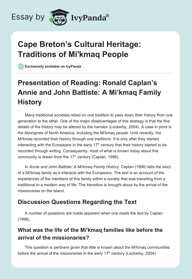 Cape Breton’s Cultural Heritage: Traditions of Mi'kmaq People. Page 1