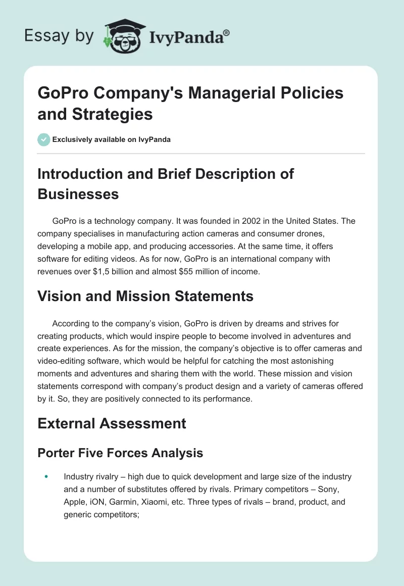 GoPro Company's Managerial Policies and Strategies. Page 1