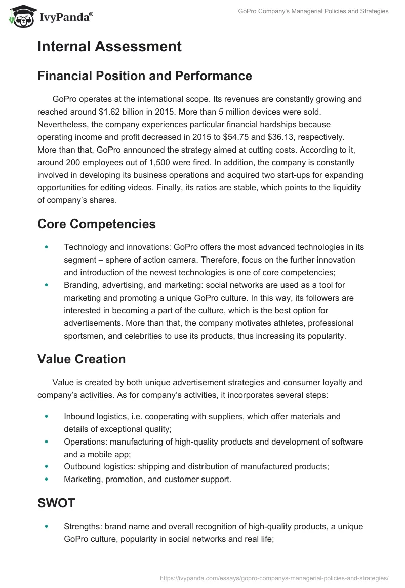 GoPro Company's Managerial Policies and Strategies. Page 3