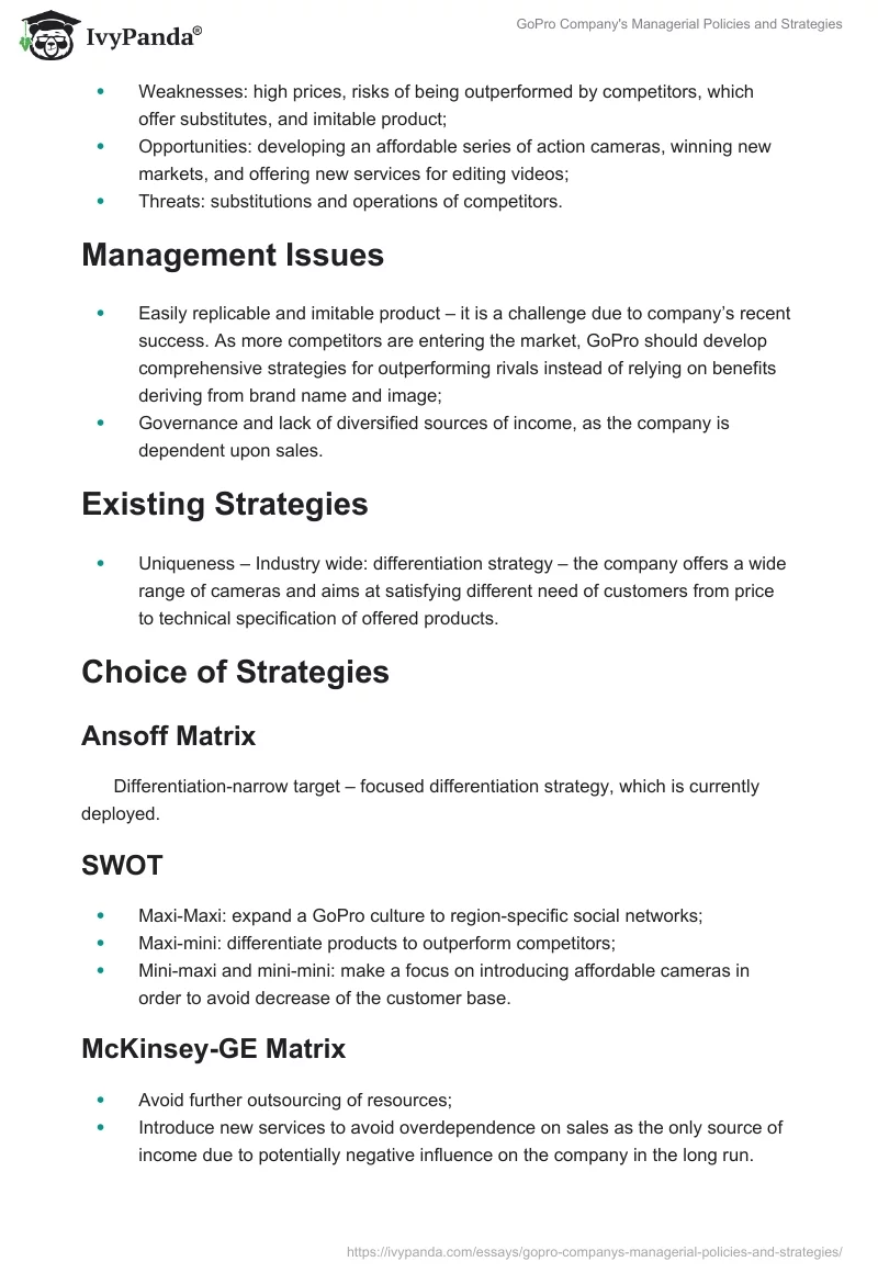 GoPro Company's Managerial Policies and Strategies. Page 4