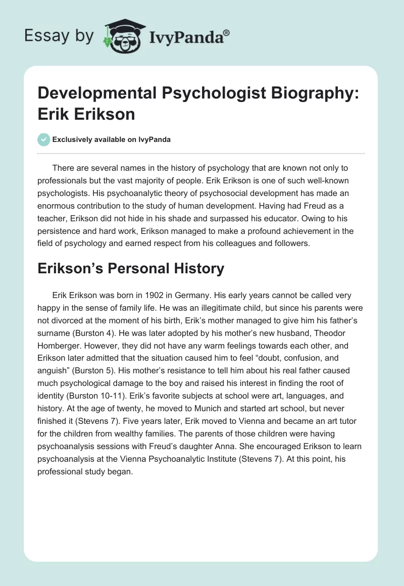 Developmental Psychologist Biography: Erik Erikson. Page 1