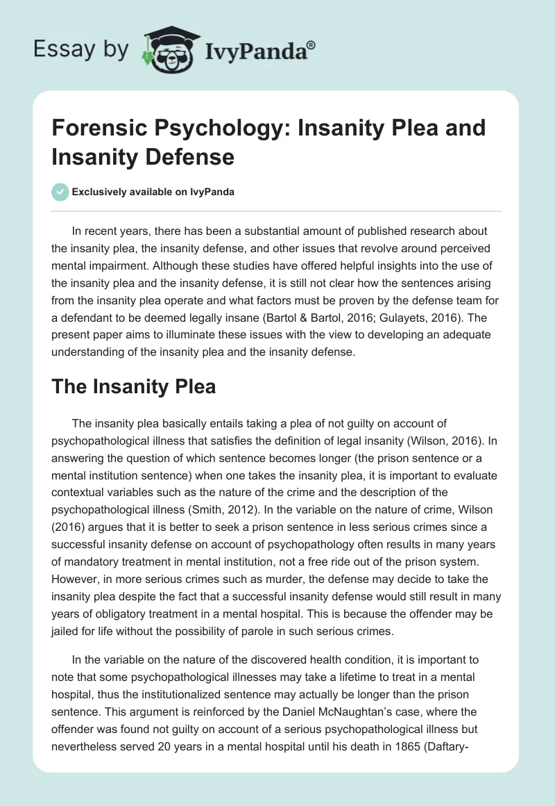 Forensic Psychology: Insanity Plea and Insanity Defense. Page 1