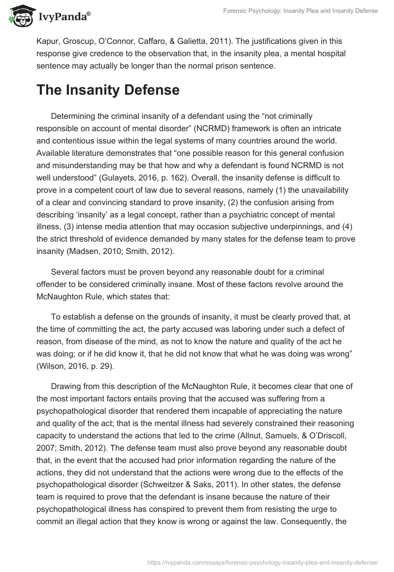 Forensic Psychology: Insanity Plea and Insanity Defense. Page 2