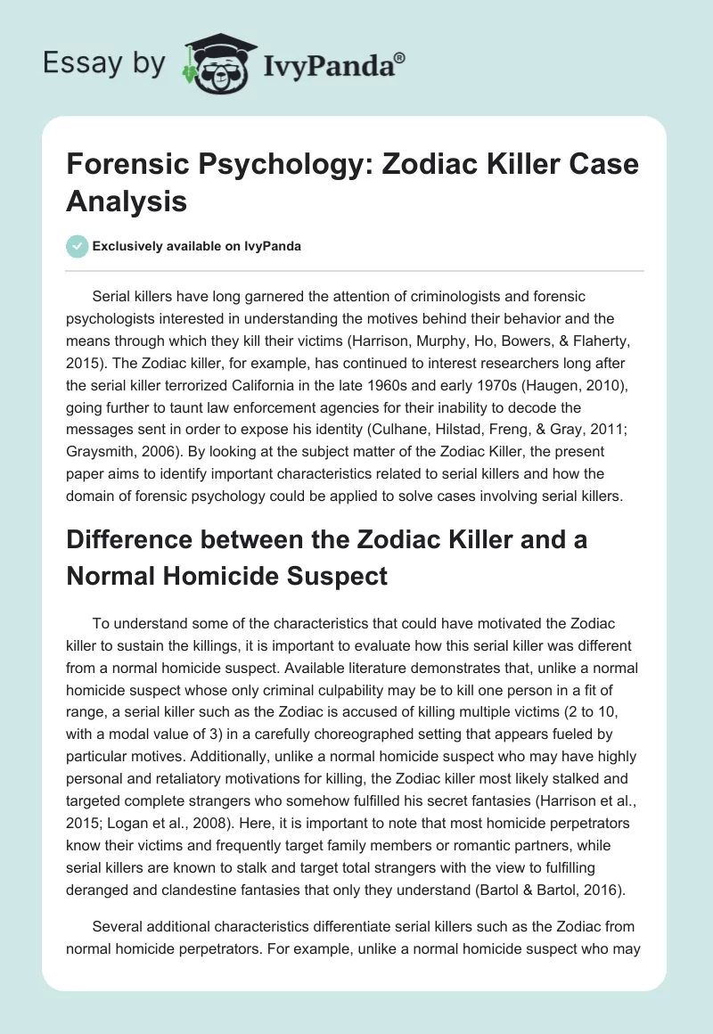 Forensic Psychology: Zodiac Killer Case Analysis. Page 1