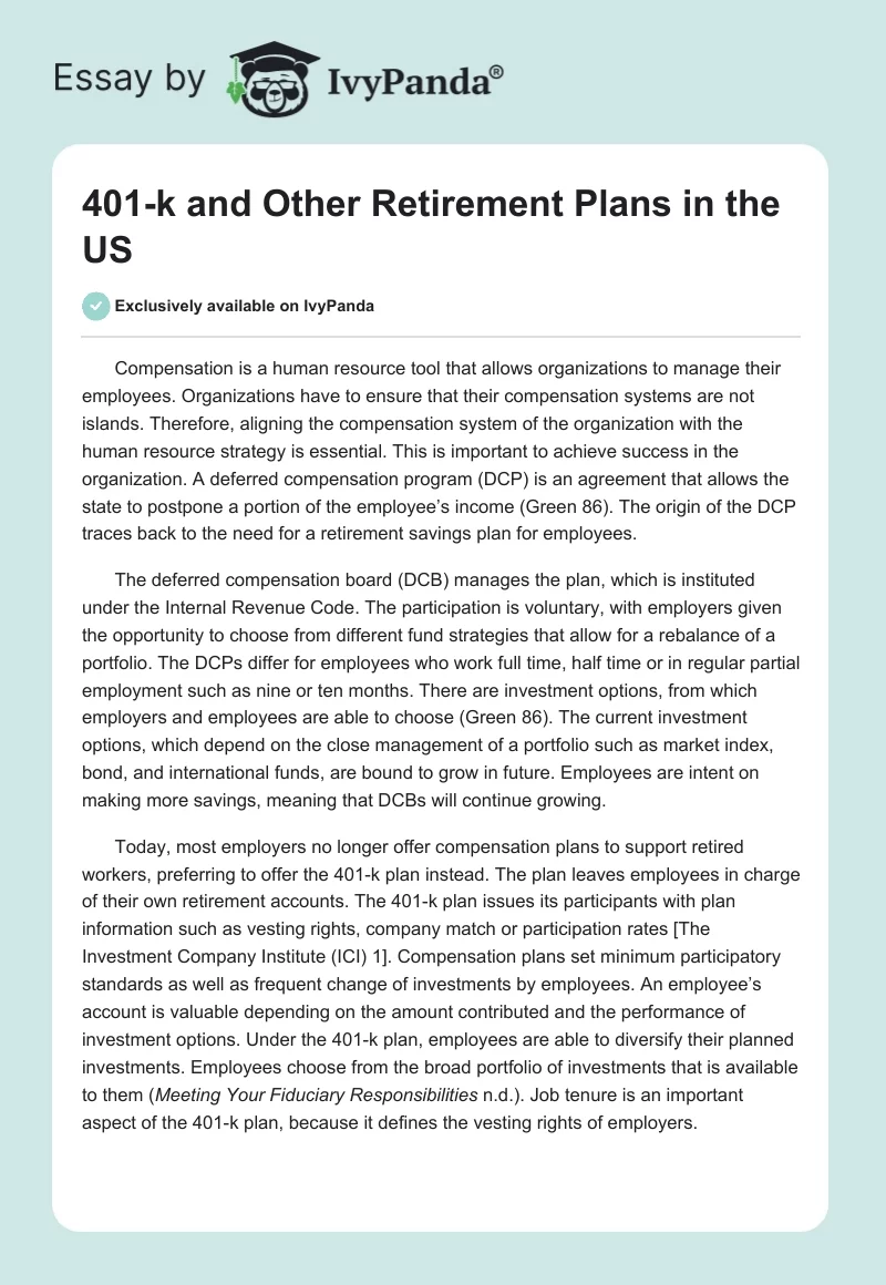 401-k and Other Retirement Plans in the US. Page 1