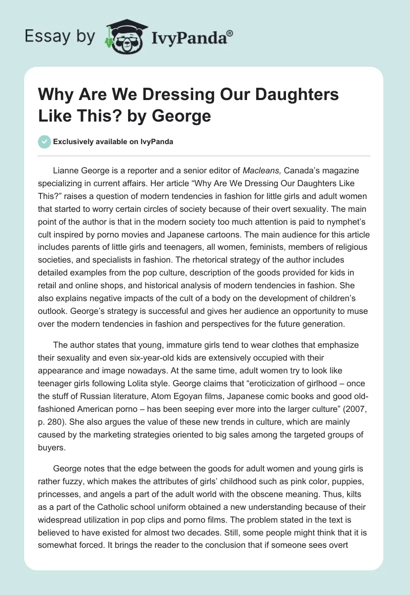 "Why Are We Dressing Our Daughters Like This?" by George. Page 1