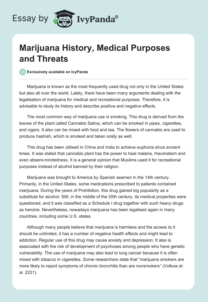 Marijuana History, Medical Purposes and Threats. Page 1