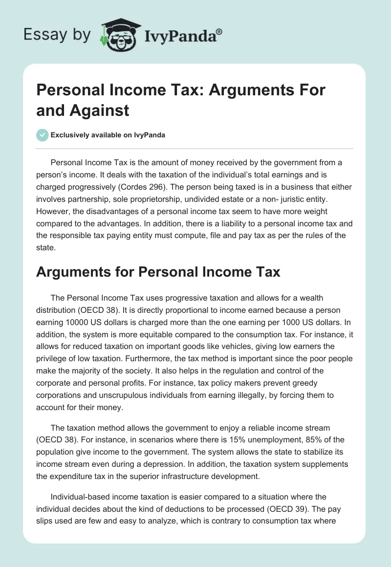 Personal Income Tax: Arguments For and Against. Page 1