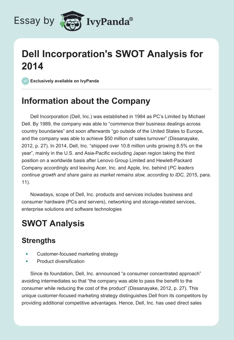 Dell Incorporation's SWOT Analysis for 2014. Page 1