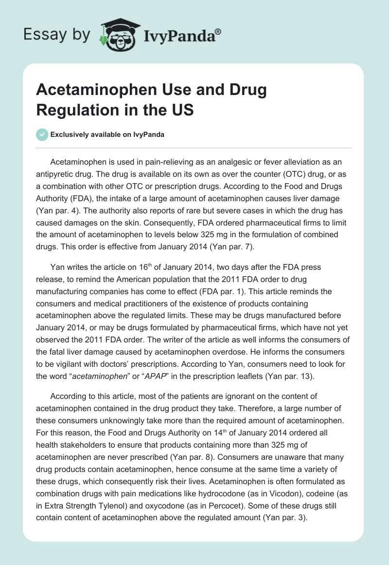 Acetaminophen Use and Drug Regulation in the US. Page 1