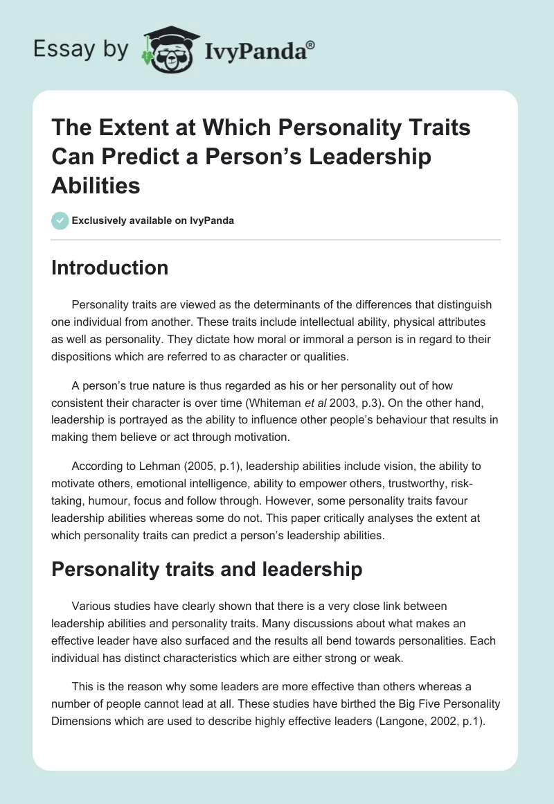 The Extent at Which Personality Traits Can Predict a Person’s Leadership Abilities. Page 1