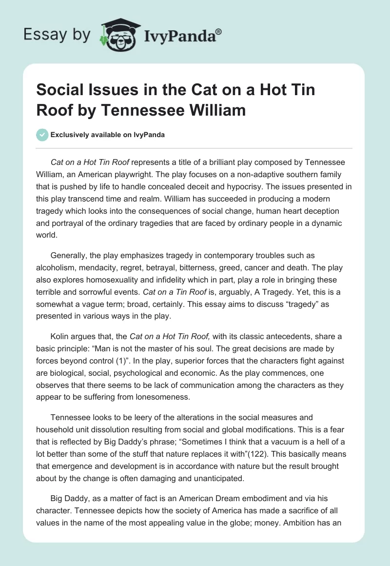 Social Issues in the "Cat on a Hot Tin Roof" by Tennessee William. Page 1
