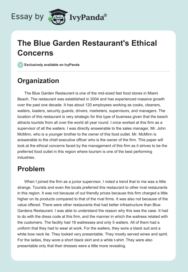 The Blue Garden Restaurant's Ethical Concerns. Page 1