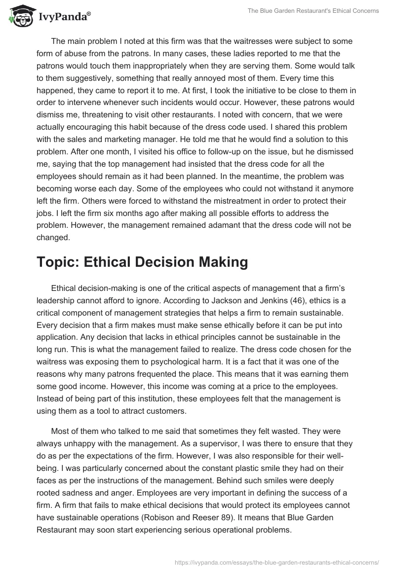 The Blue Garden Restaurant's Ethical Concerns. Page 2