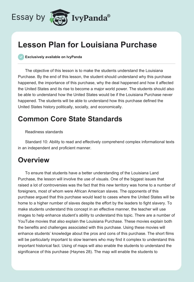 Lesson Plan for Louisiana Purchase. Page 1