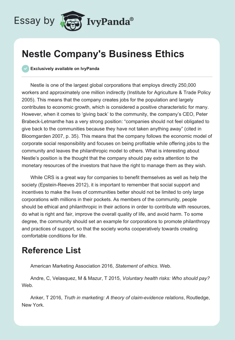 Nestle Company's Business Ethics. Page 1