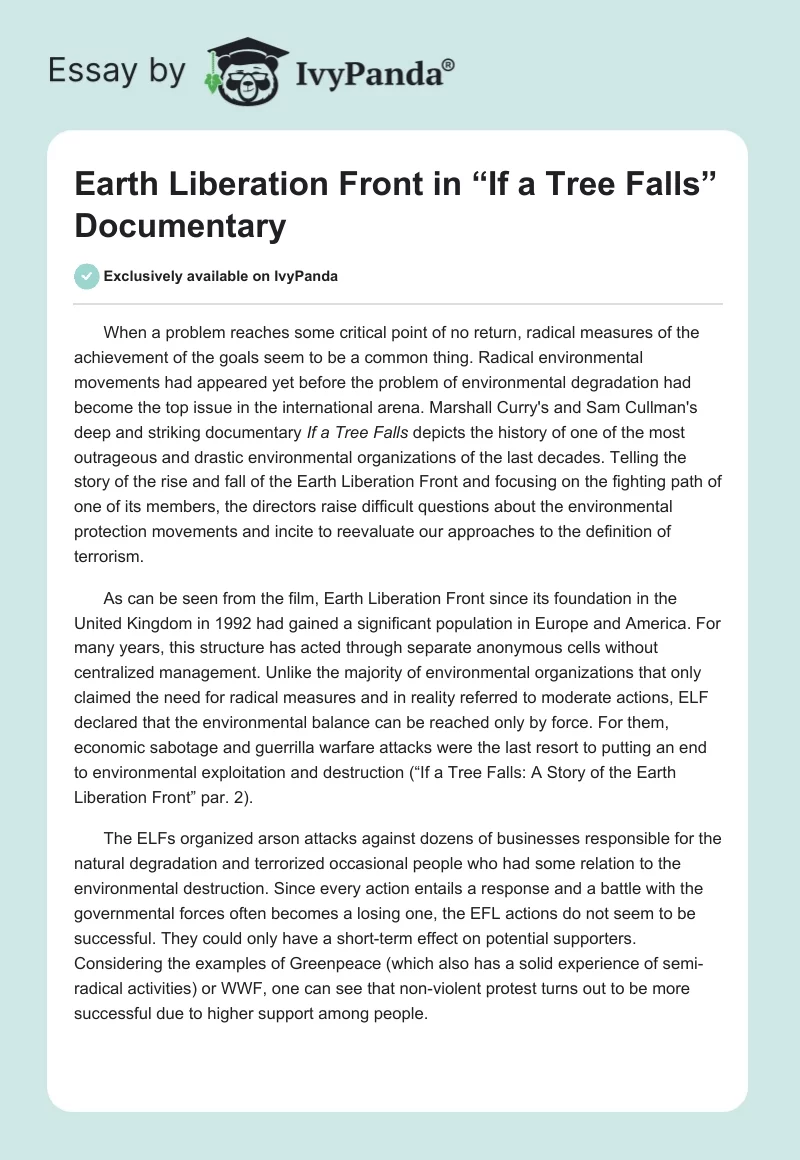 Earth Liberation Front in “If a Tree Falls” Documentary. Page 1