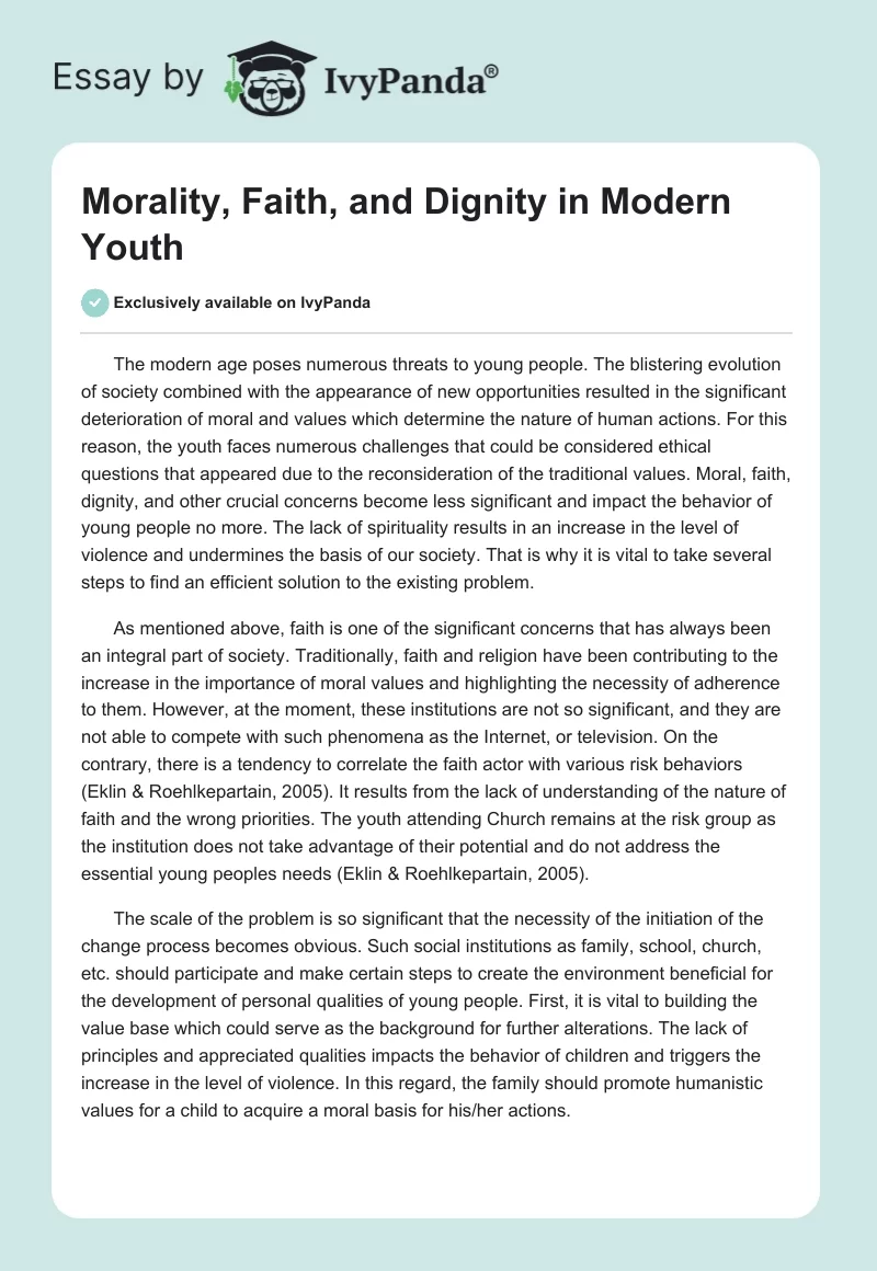 Morality, Faith, and Dignity in Modern Youth. Page 1