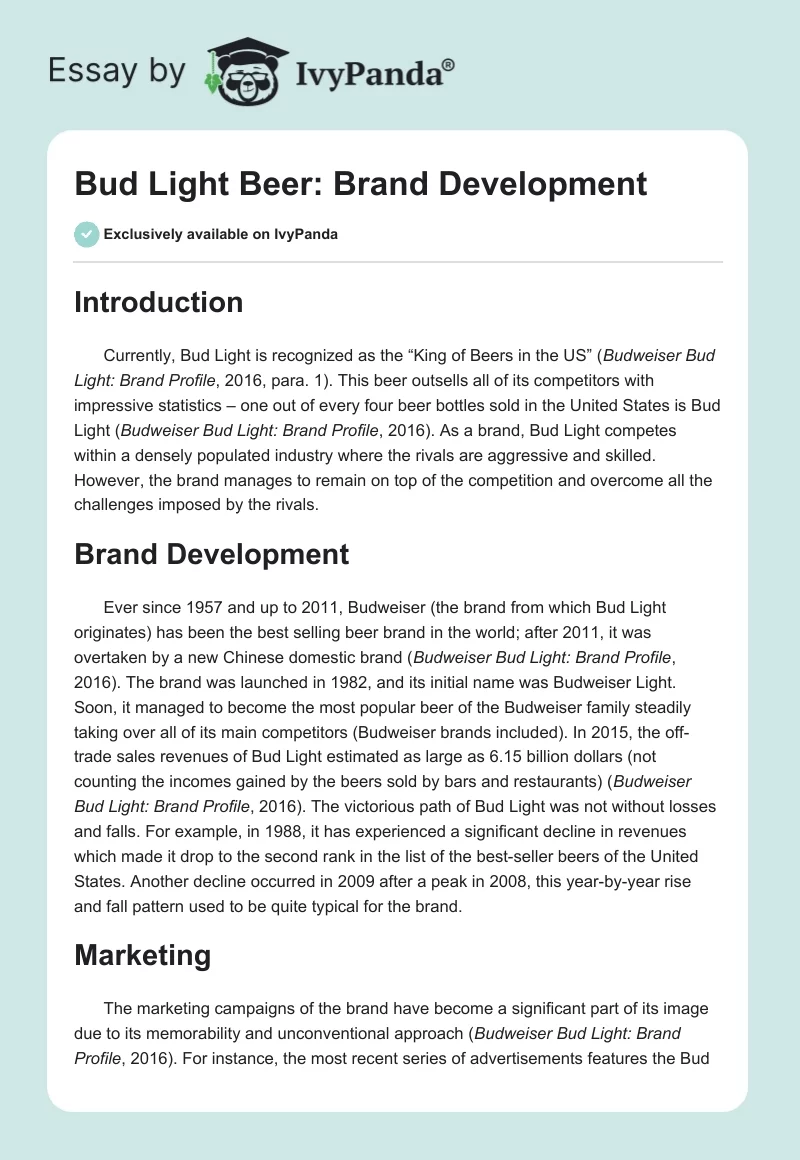 Bud Light Beer: Brand Development. Page 1