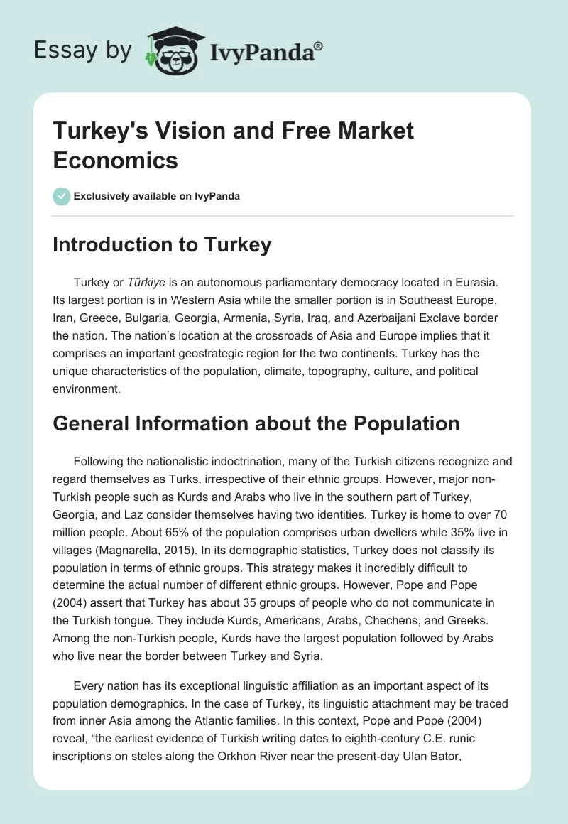 Turkey's Vision and Free Market Economics. Page 1