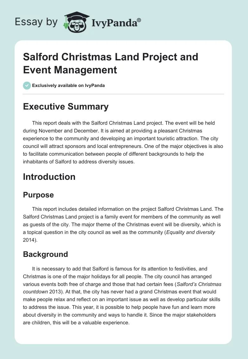 Salford Christmas Land Project and Event Management. Page 1
