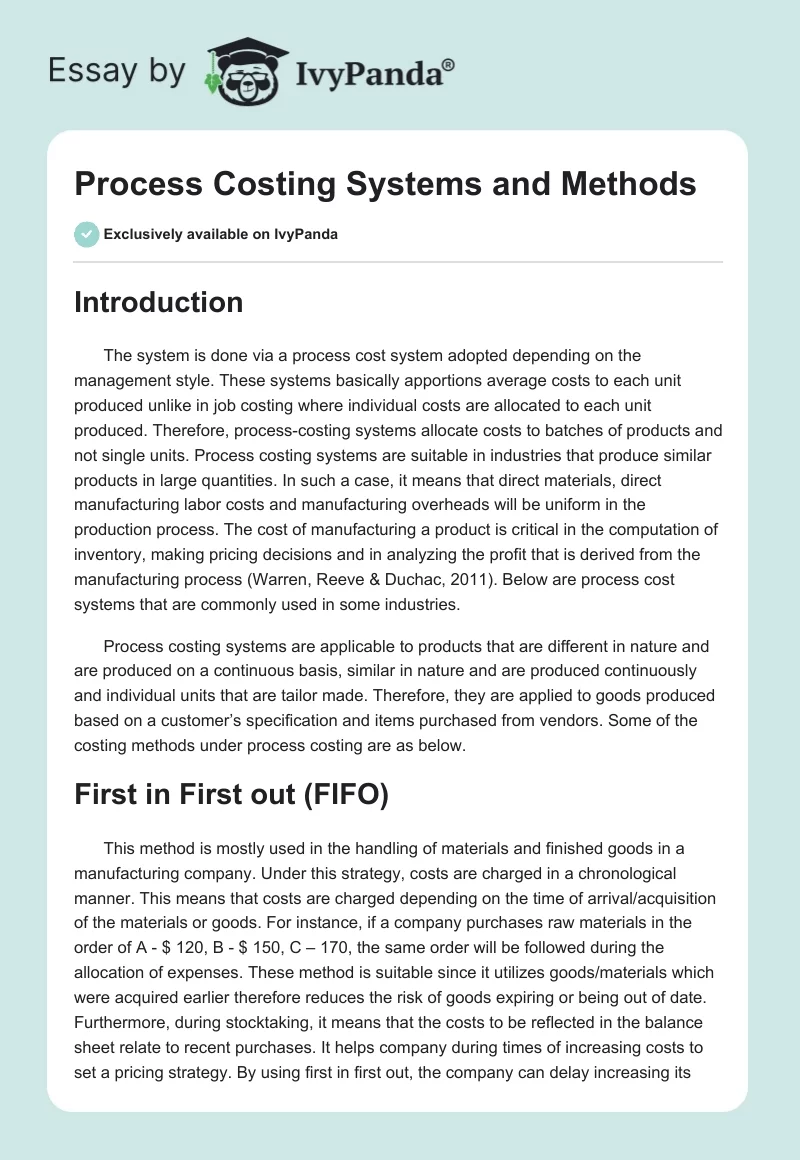 Process Costing Systems and Methods. Page 1