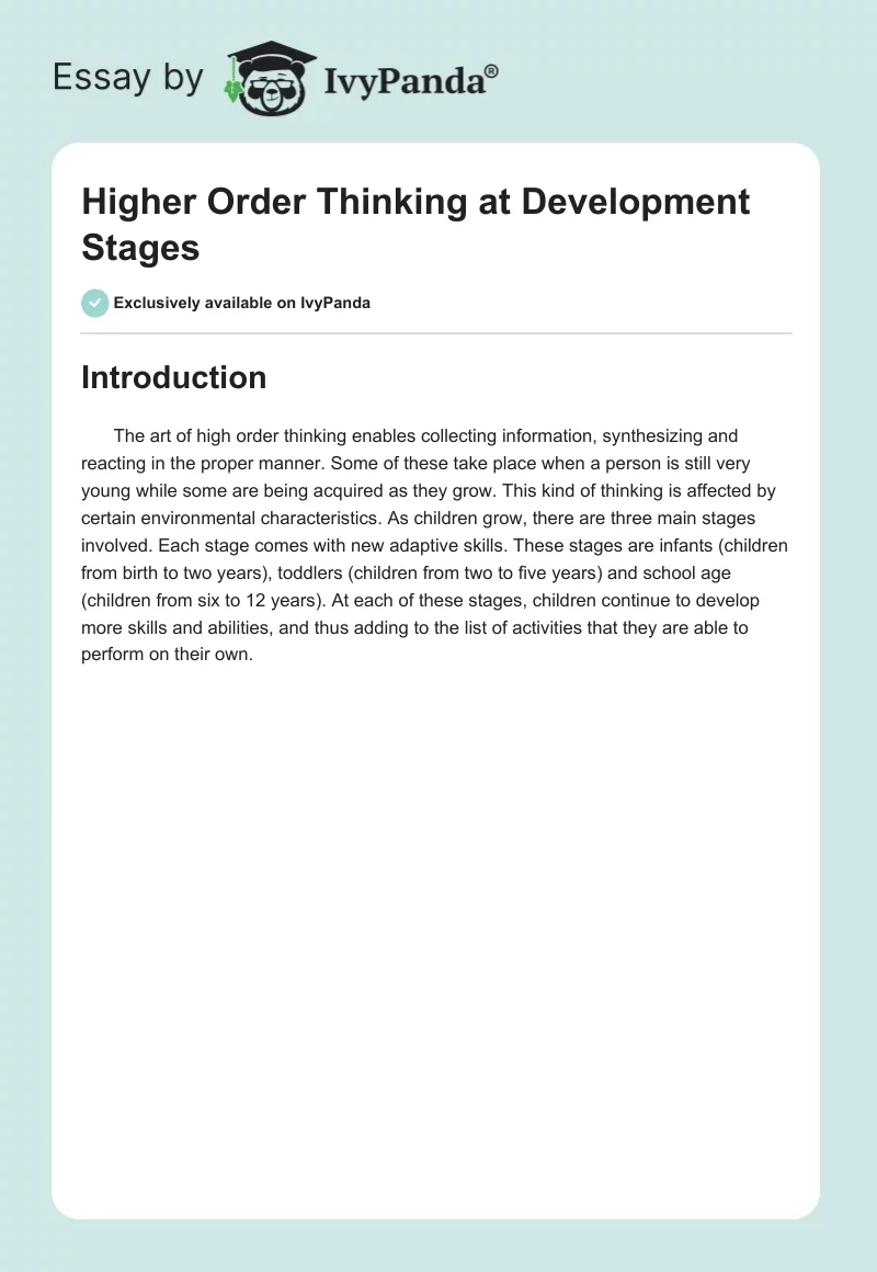 Higher Order Thinking at Development Stages. Page 1