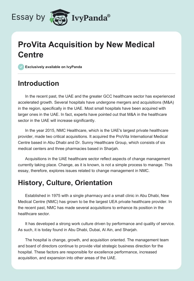 ProVita Acquisition by New Medical Centre. Page 1