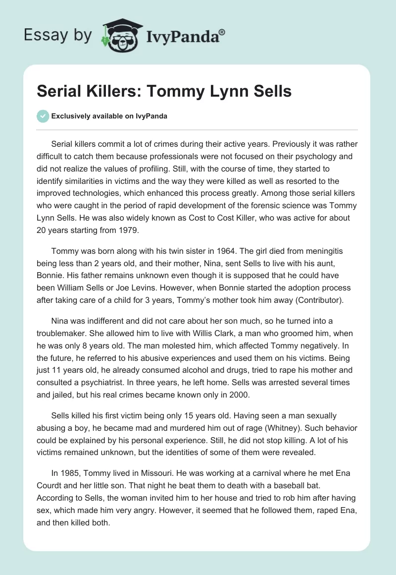 Serial Killers: Tommy Lynn Sells. Page 1