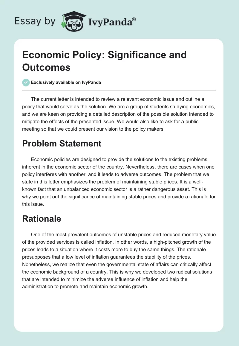 Economic Policy: Significance and Outcomes. Page 1