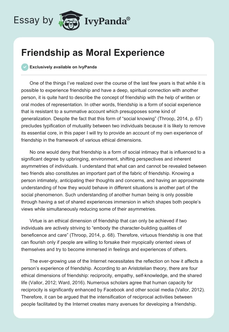 Friendship as Moral Experience. Page 1