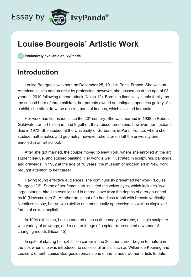 Louise Bourgeois’ Artistic Work. Page 1