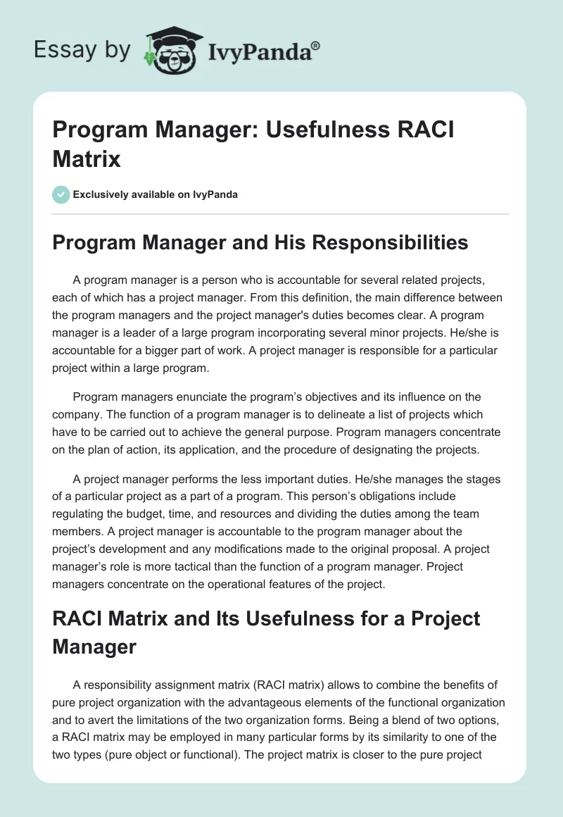 Program Manager: Usefulness RACI Matrix. Page 1