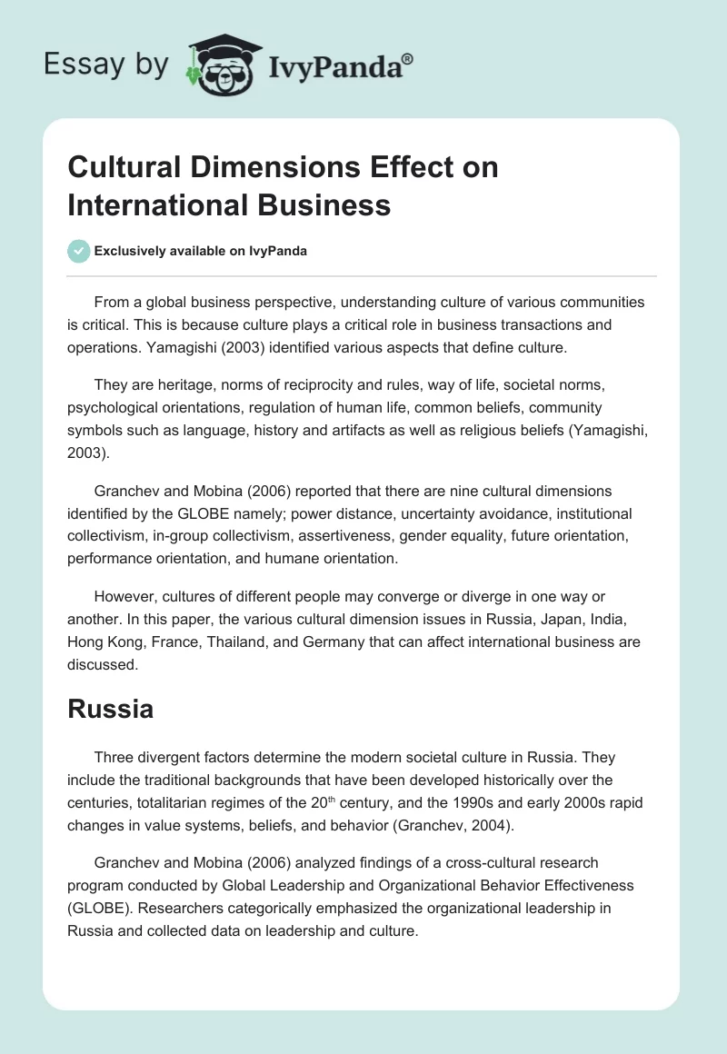Cultural Dimensions Effect on International Business. Page 1