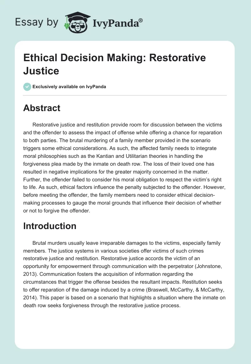 Ethical Decision Making: Restorative Justice. Page 1