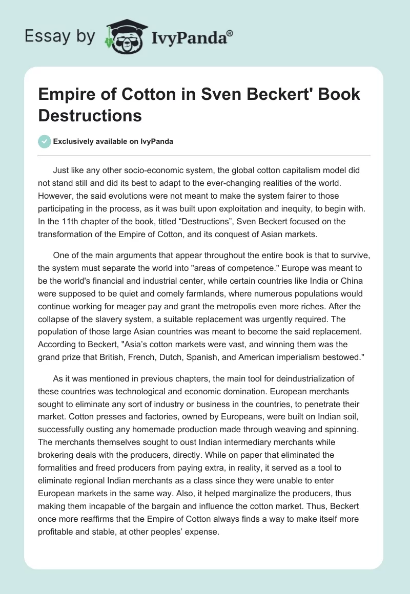 Empire of Cotton in Sven Beckert' Book "Destructions". Page 1