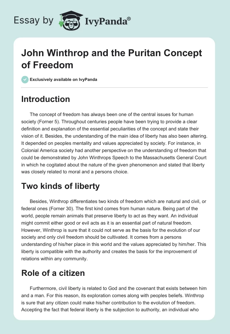 John Winthrop and the Puritan Concept of Freedom. Page 1
