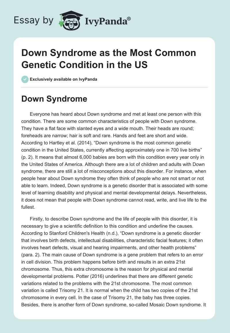 Down Syndrome as the Most Common Genetic Condition in the US. Page 1