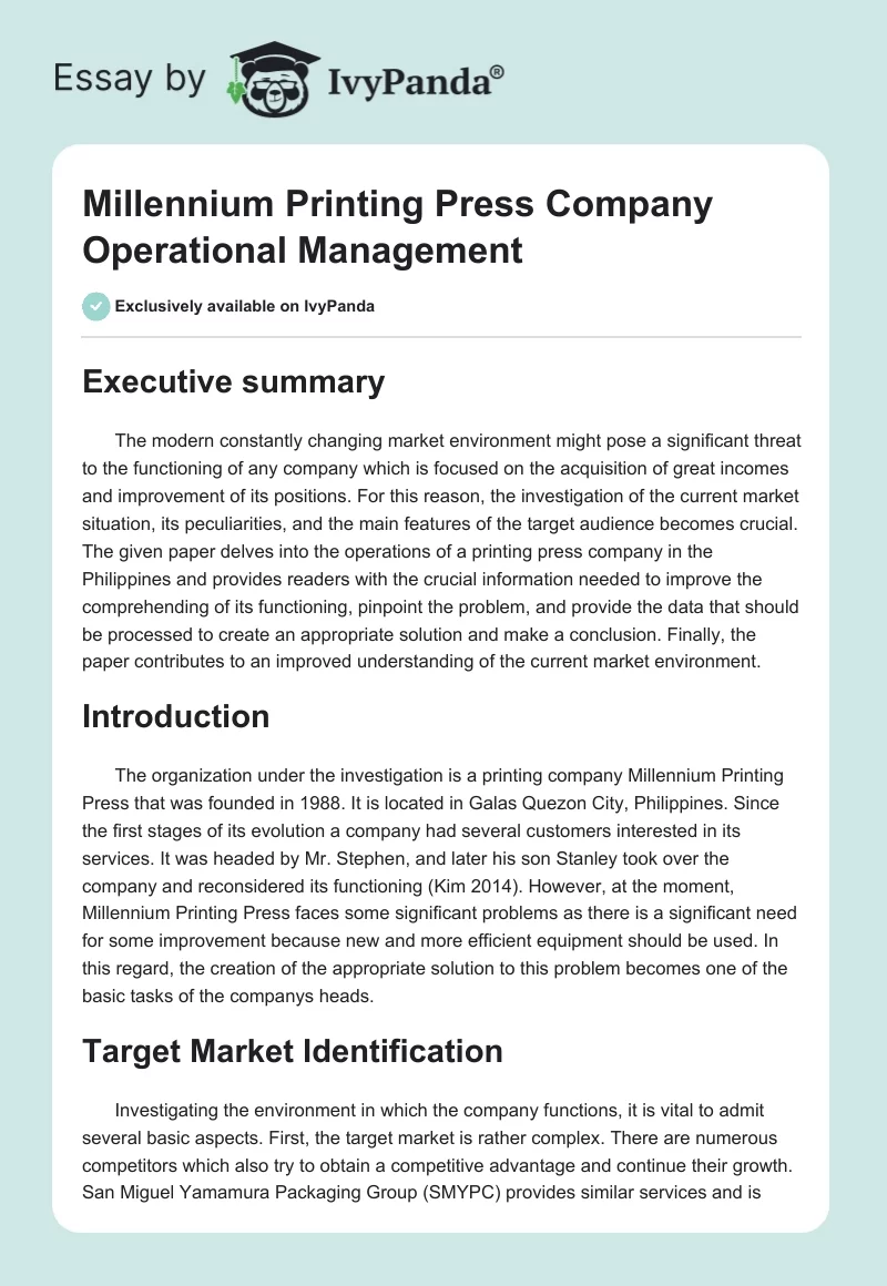 Millennium Printing Press Company Operational Management. Page 1