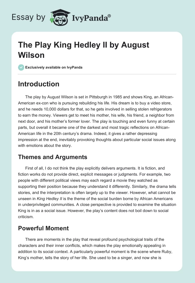 The Play "King Hedley II" by August Wilson. Page 1