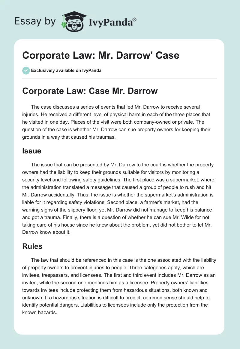 Corporate Law: Mr. Darrow' Case. Page 1
