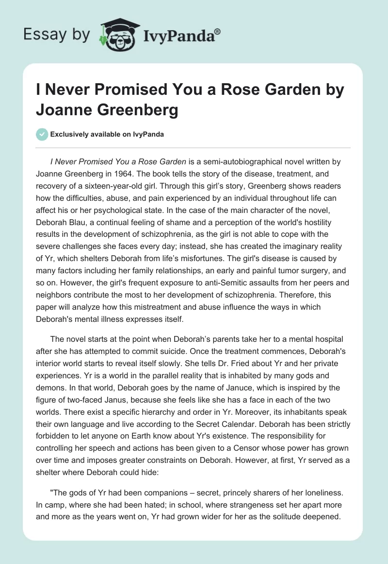 "I Never Promised You a Rose Garden" by Joanne Greenberg. Page 1