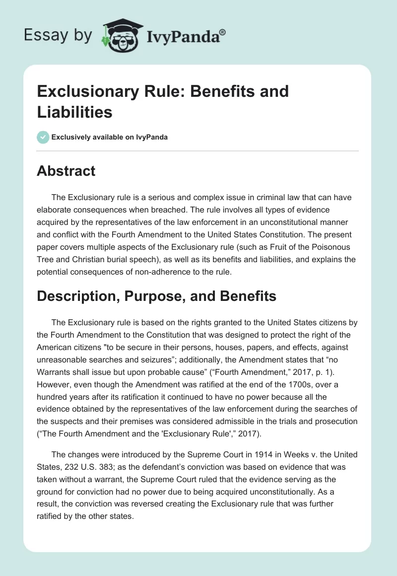 Exclusionary Rule: Benefits and Liabilities. Page 1
